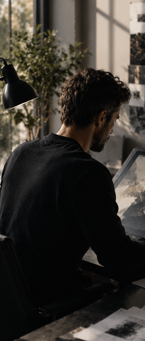 Person working beside a bright window on a strategy board