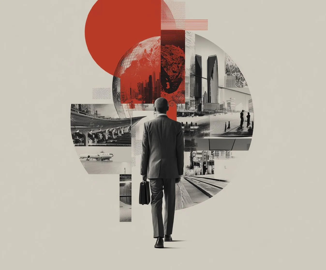 i4 business growth campaign artwork with a suited figure and city collage