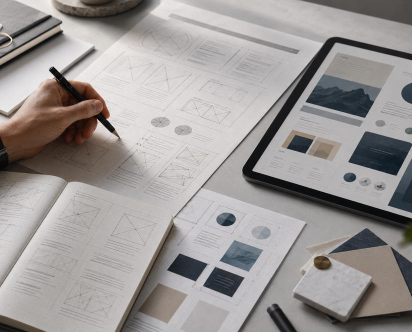 Design planning board with sketches and sticky notes