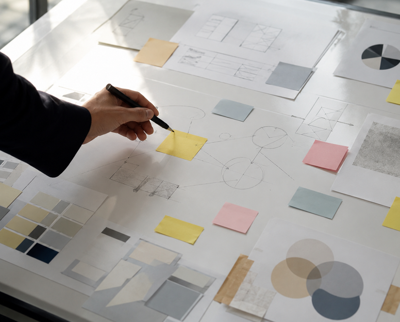 Discovery planning notes and diagrams on a desk