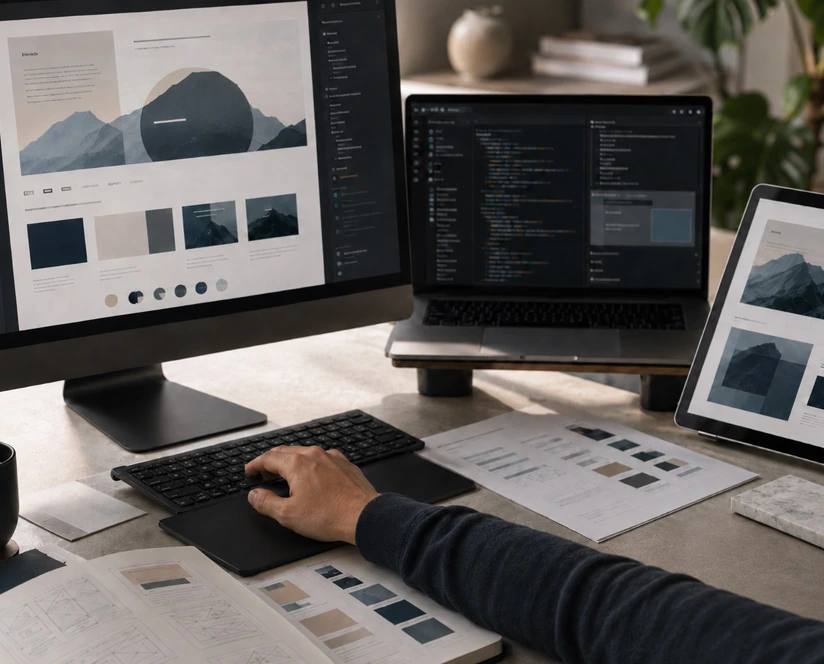 Implementation workspace with desktop screens and design files